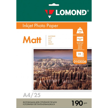 Бумага A4 Lomond Матовая/Матовая двухсторонняя 190 гр/м2   25л. (0102036) для печати водорастворимыми и пигментными чернилами